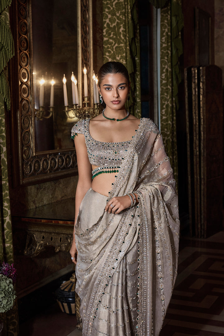 Champagne Emerald Crystal Saree
