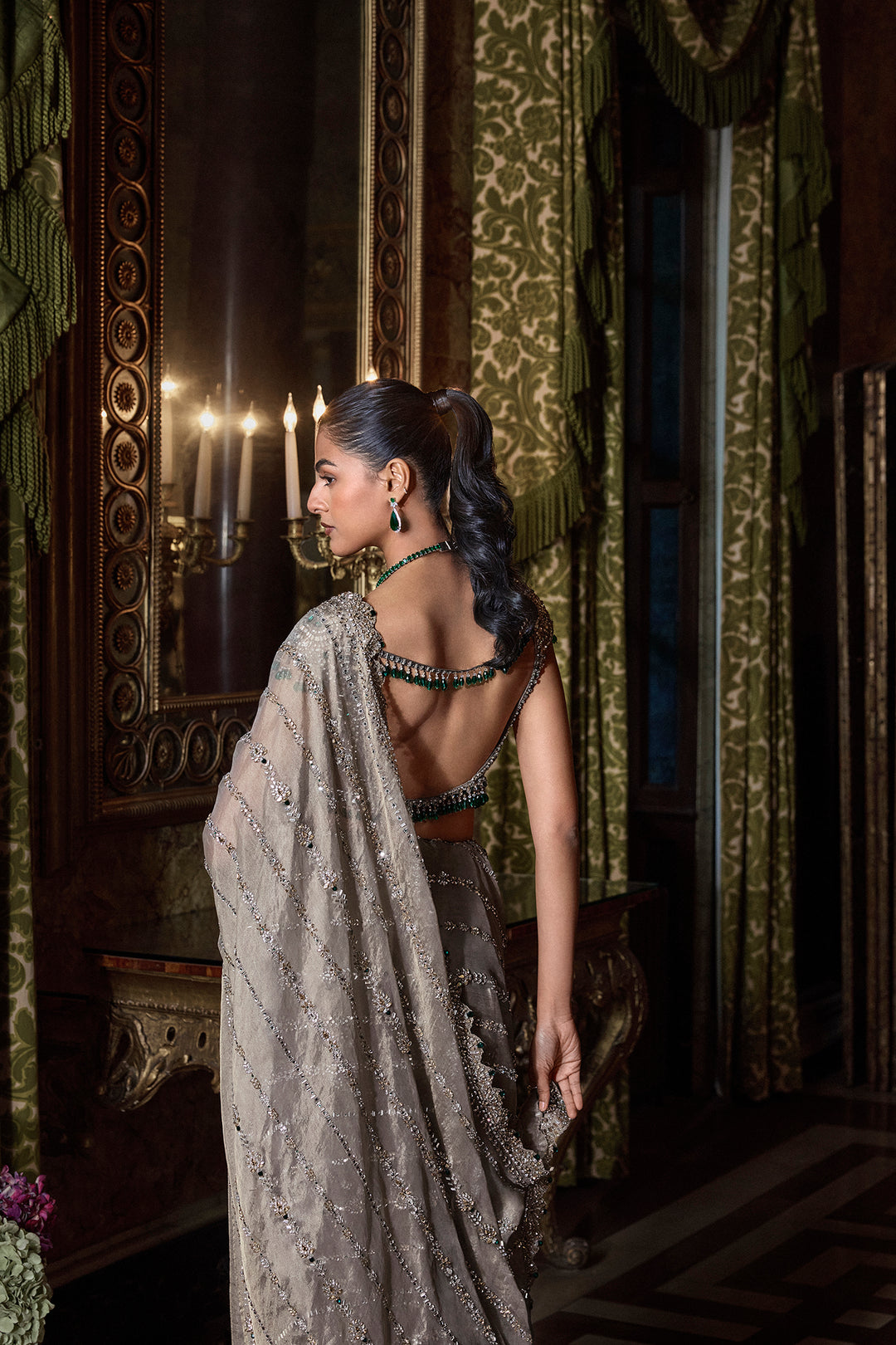 Champagne Emerald Crystal Saree