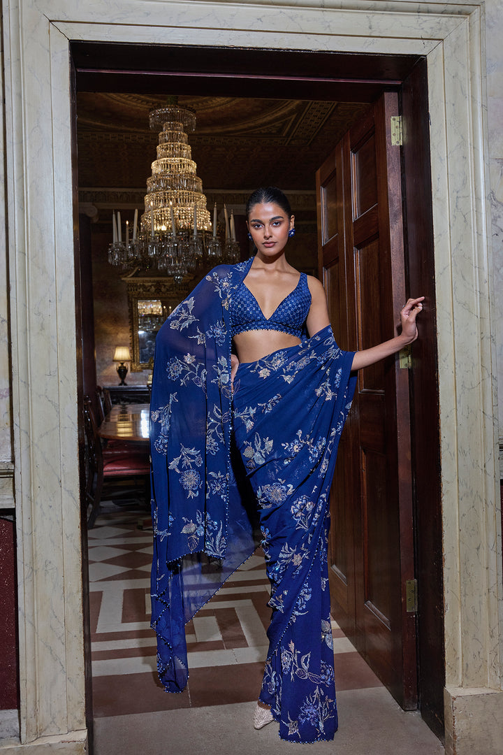 Navy Blue Floral Crystal Saree