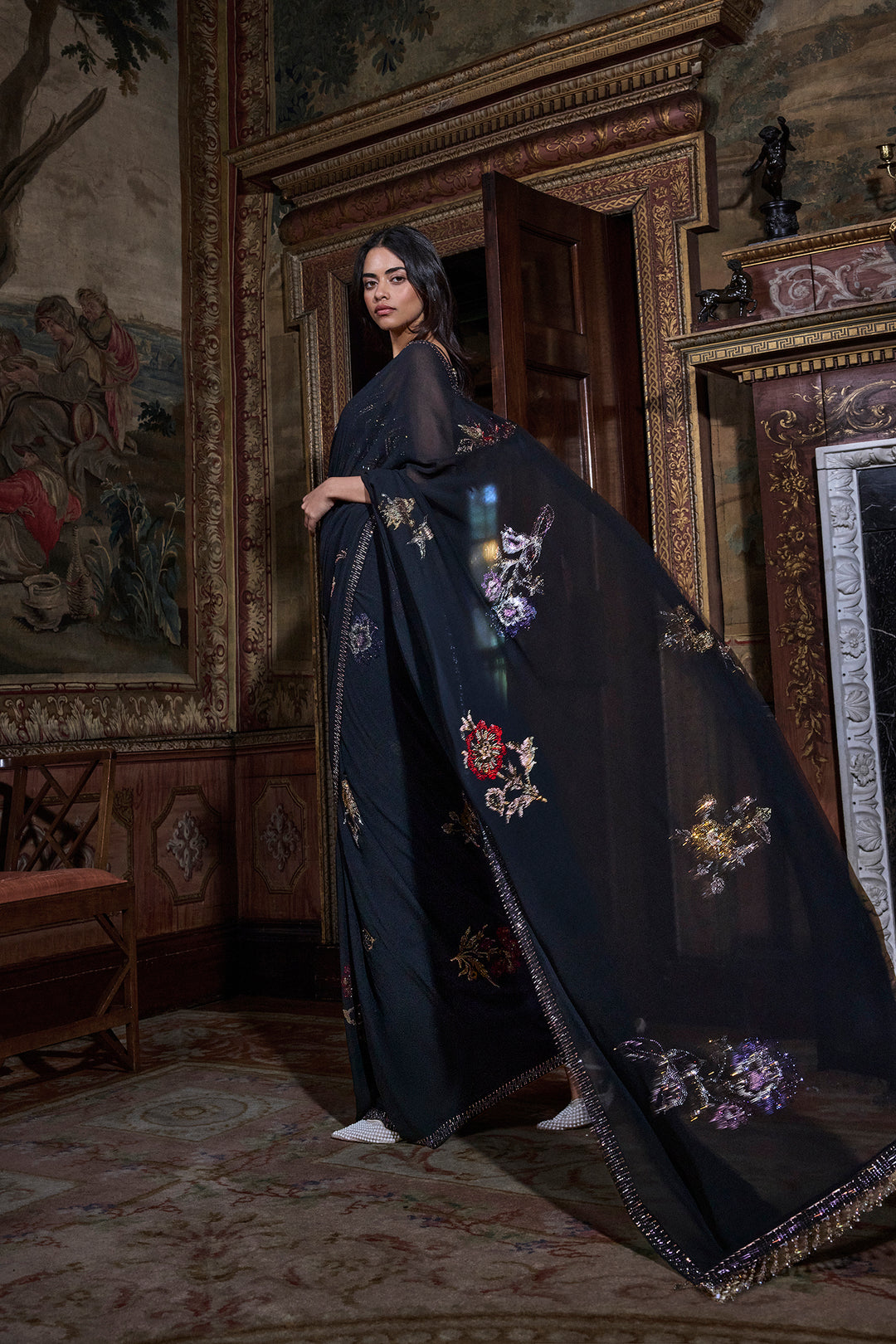 Black Crystal Georgette Saree