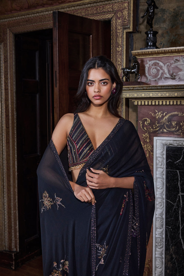 Black Crystal Georgette Saree