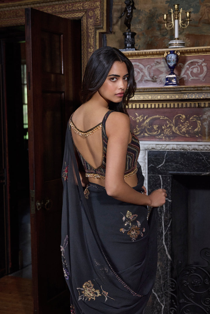 Black Crystal Georgette Saree