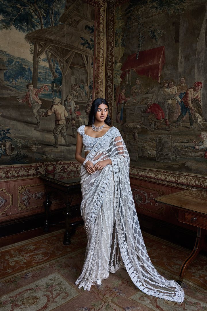 Slate Ivory Stripe Saree