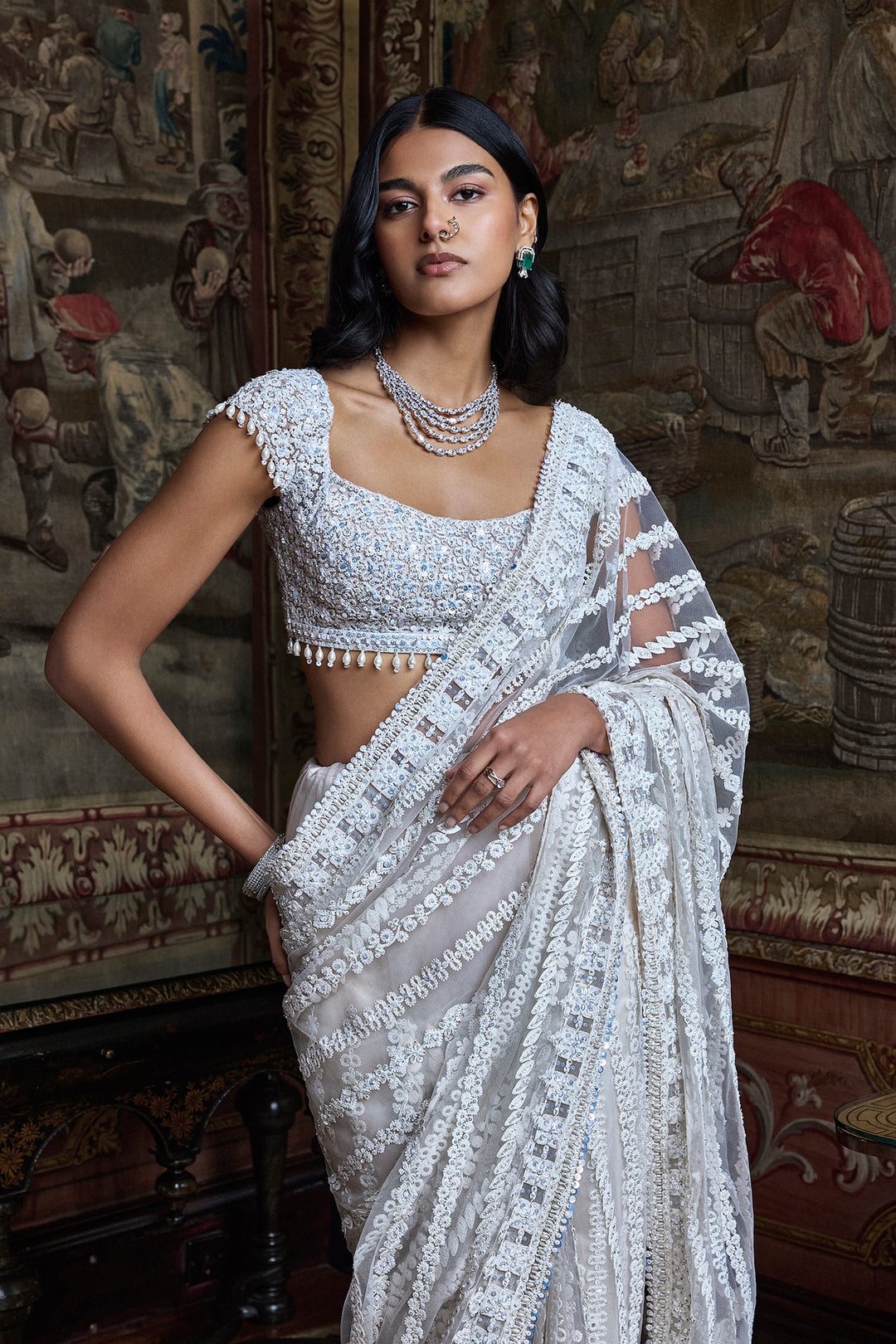 Slate Ivory Stripe Saree