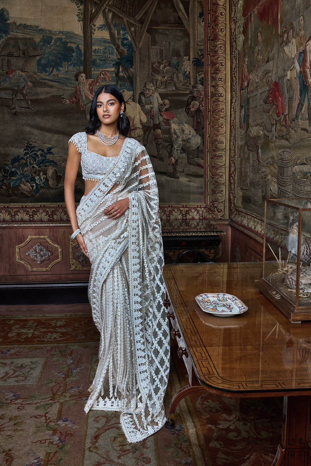 Slate Ivory Stripe Saree