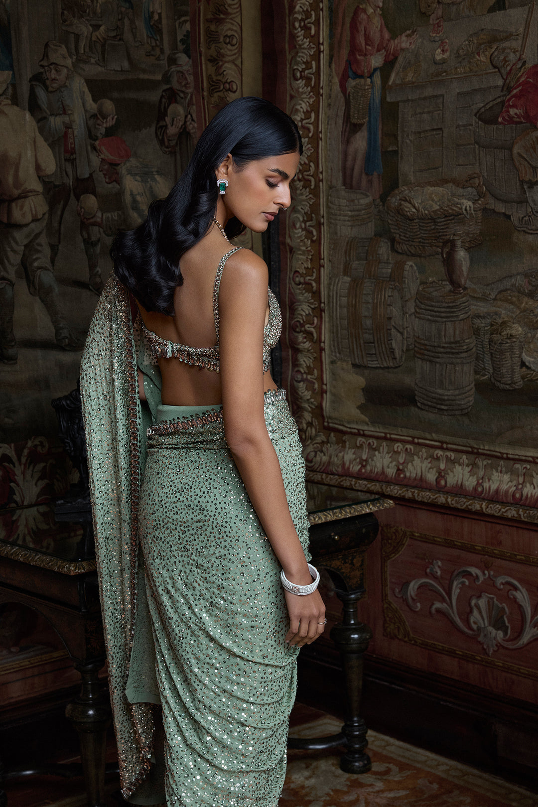 Moss Green Sequin Saree