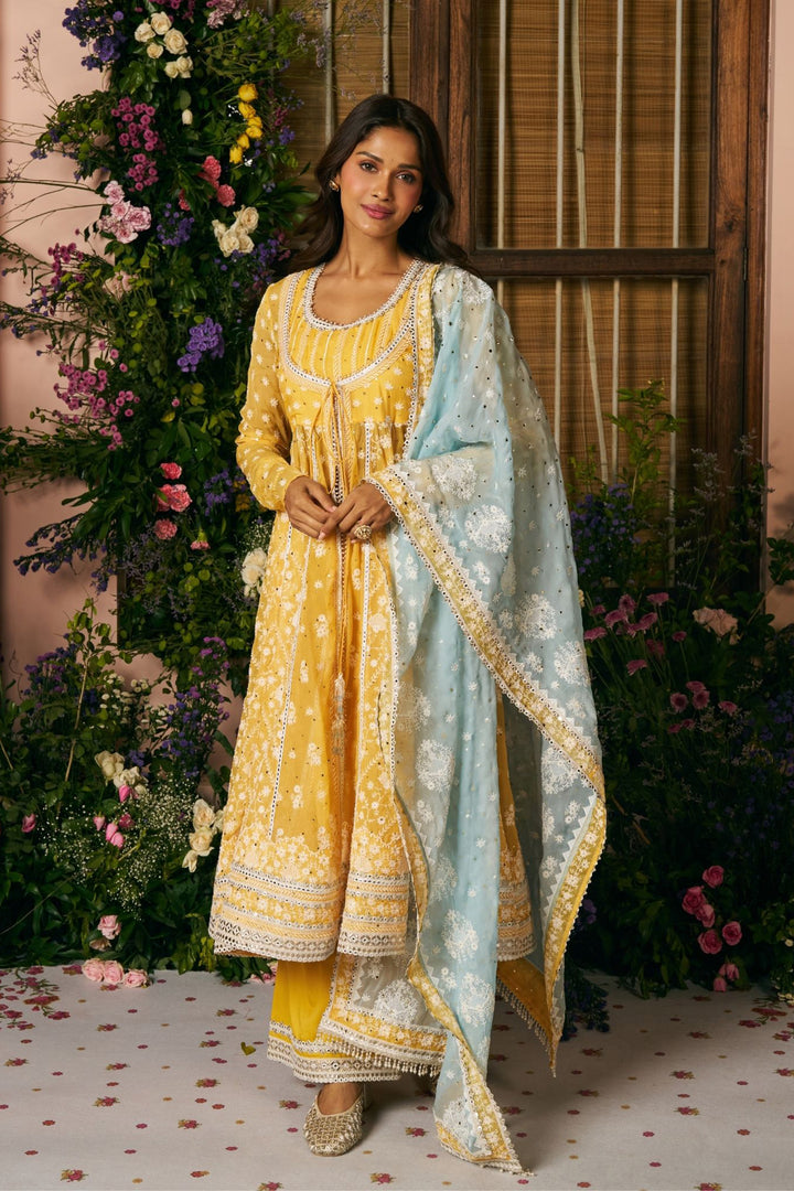 Organza Anarkali Afsana Mustard Kurta Set With Organza Afsana Dupatta