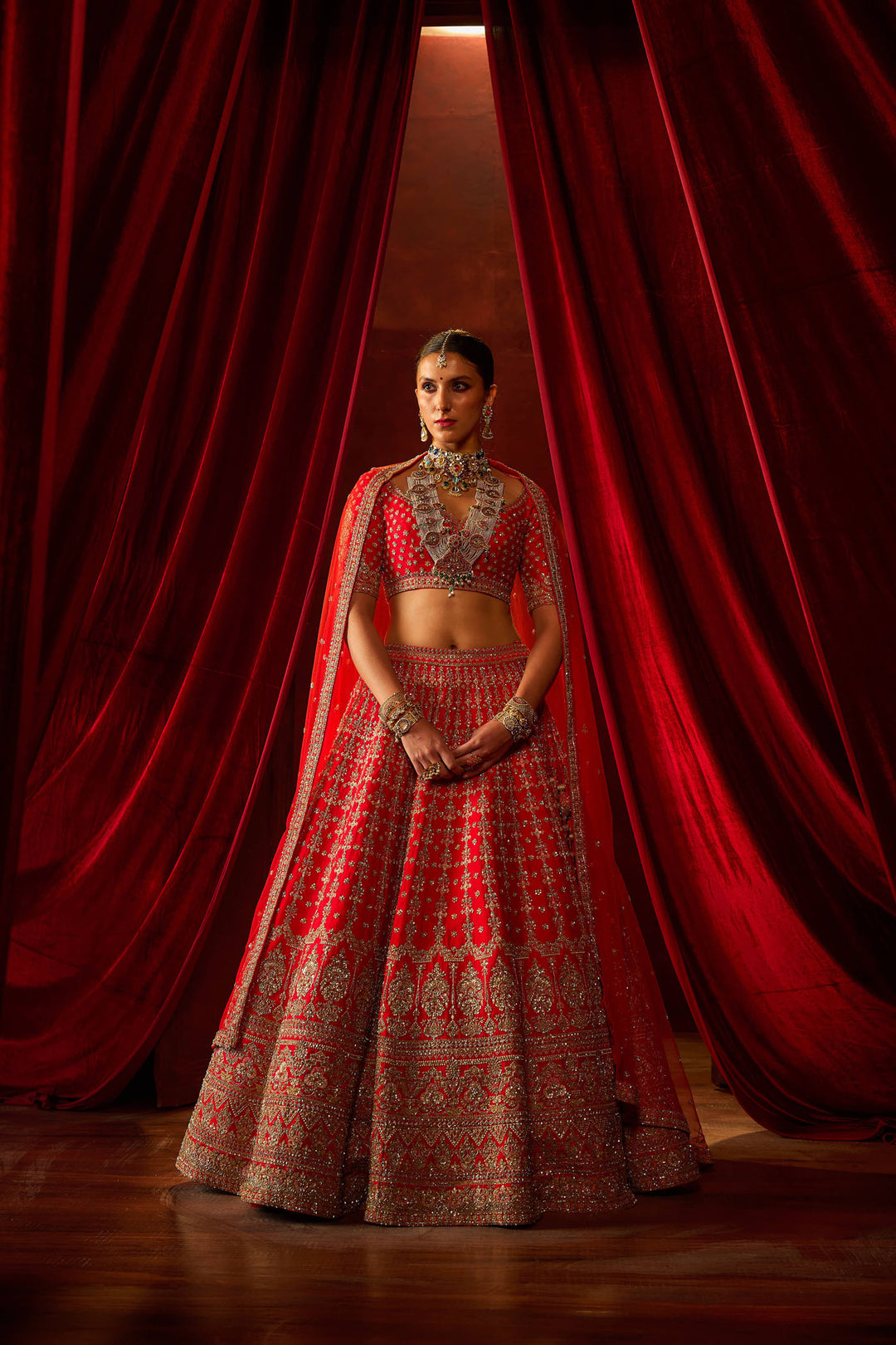 Red Raw Silk Hand & Machine Embroidered Lehenga Set