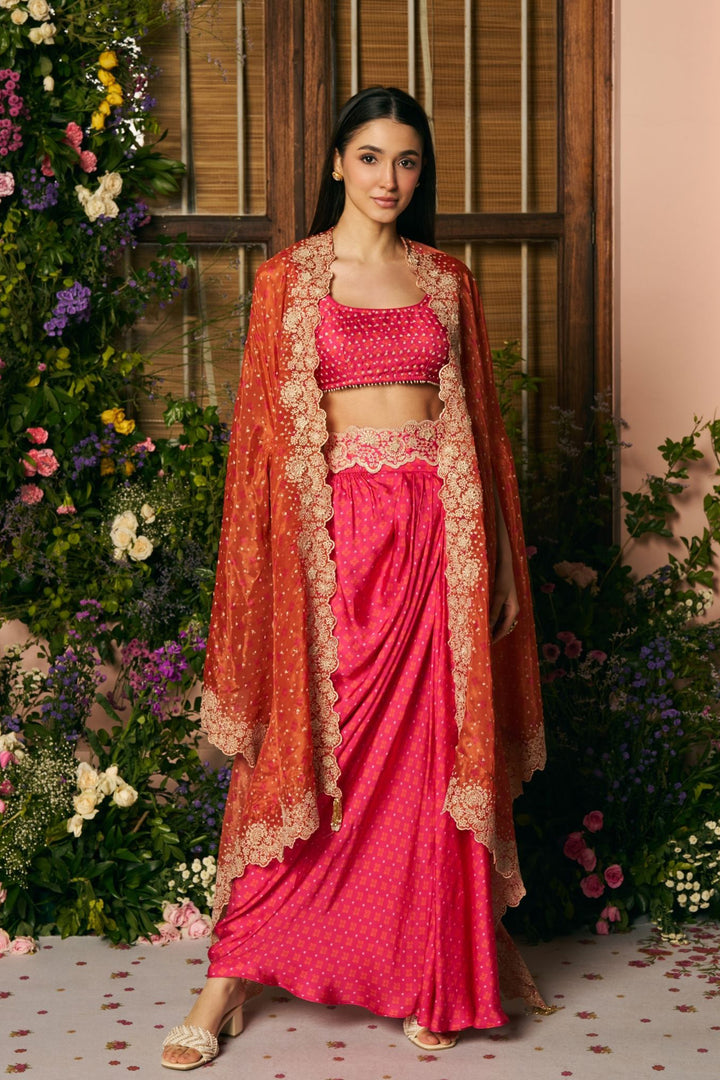 Glass Organza Mali Cape & Cupro Satin Mali Fuschia Skirt Set