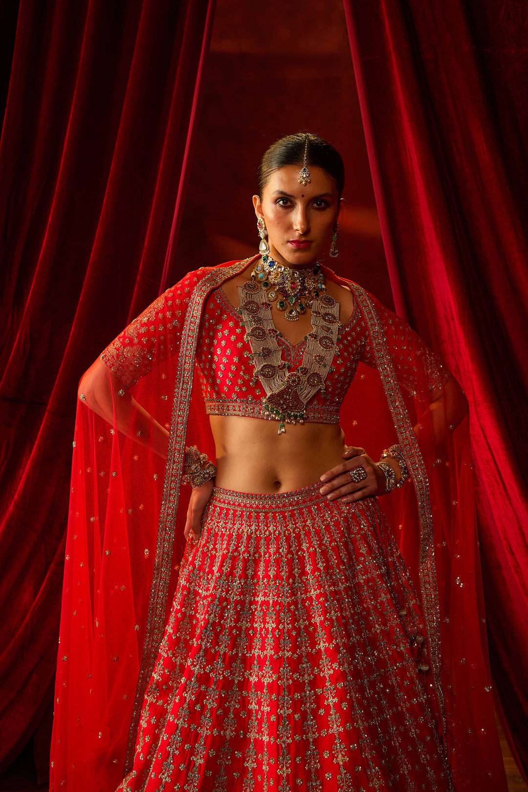 Red Raw Silk Hand & Machine Embroidered Lehenga Set