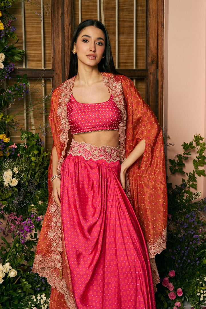 Glass Organza Mali Cape & Cupro Satin Mali Fuschia Skirt Set