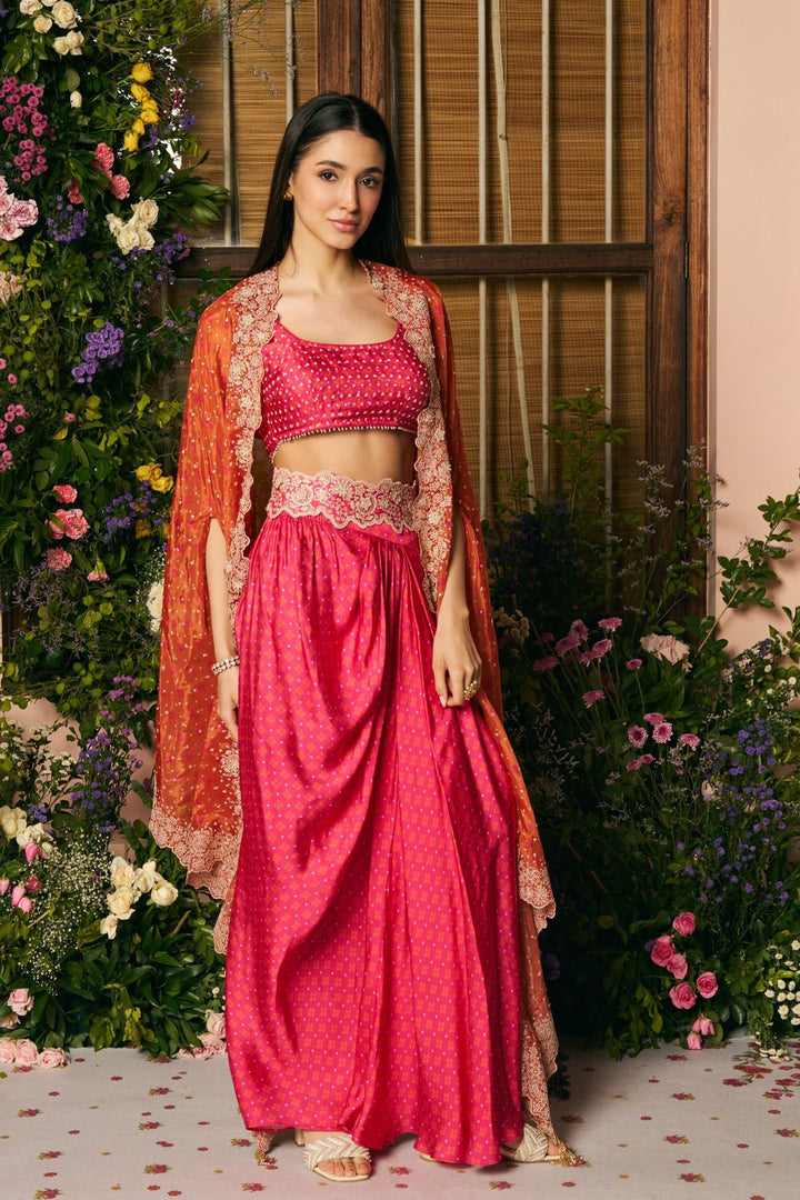 Glass Organza Mali Cape & Cupro Satin Mali Fuschia Skirt Set