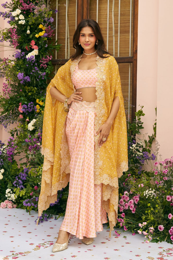 Glass Organza Mali Cape & Cupro Satin Mali Pink Skirt Set