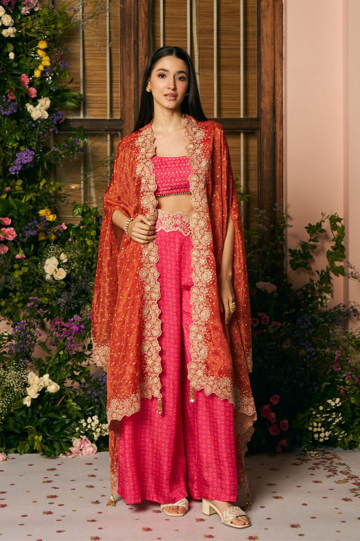 Glass Organza Mali Cape & Cupro Satin Mali Fuschia Pant Set