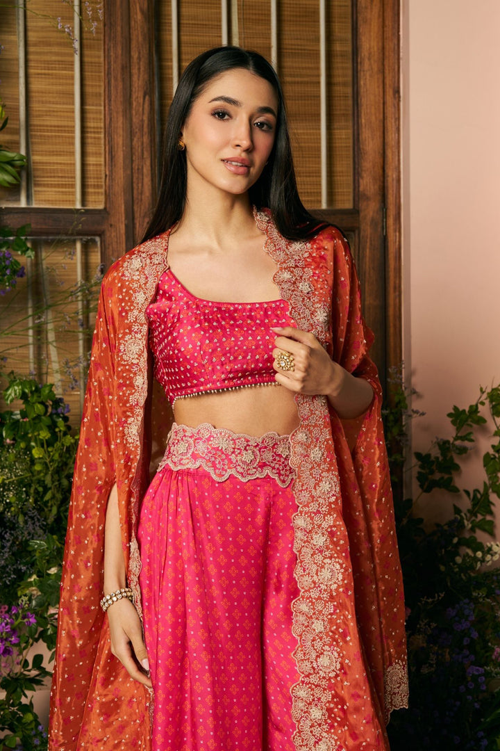 Glass Organza Mali Cape & Cupro Satin Mali Fuschia Pant Set