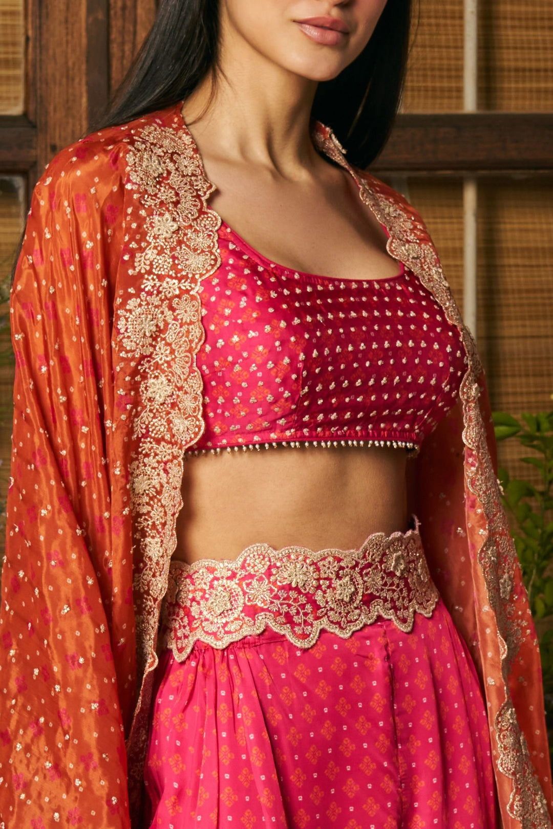 Glass Organza Mali Cape & Cupro Satin Mali Fuschia Pant Set