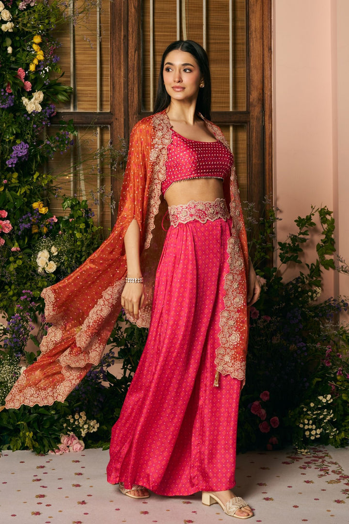 Glass Organza Mali Cape & Cupro Satin Mali Fuschia Pant Set