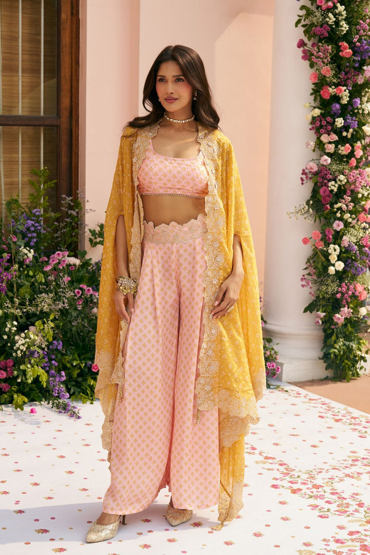 Glass Organza Mali Cape & Cupro Satin Mali Pink Pant Set