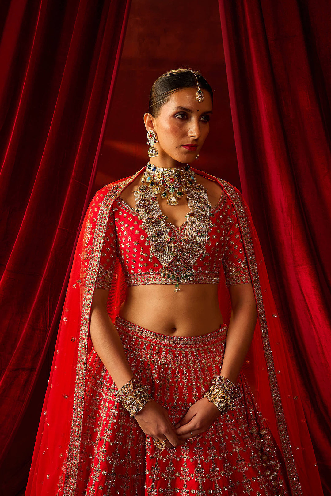 Red Raw Silk Hand & Machine Embroidered Lehenga Set