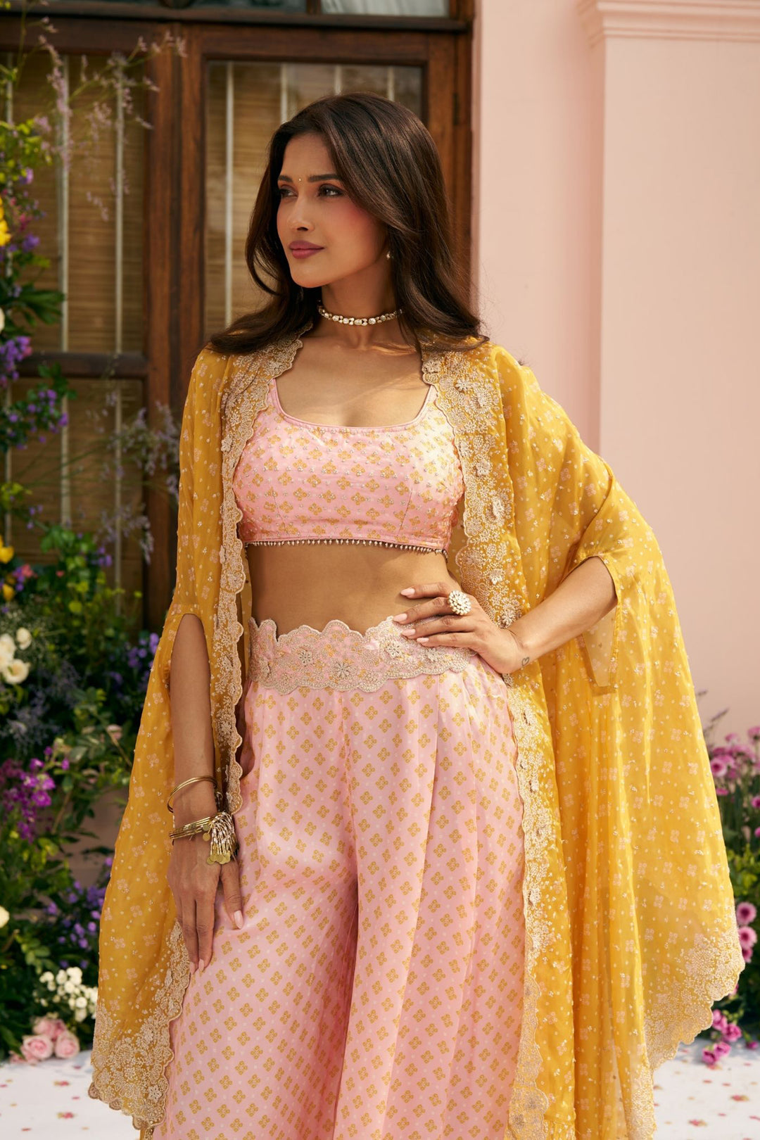 Glass Organza Mali Cape & Cupro Satin Mali Pink Pant Set