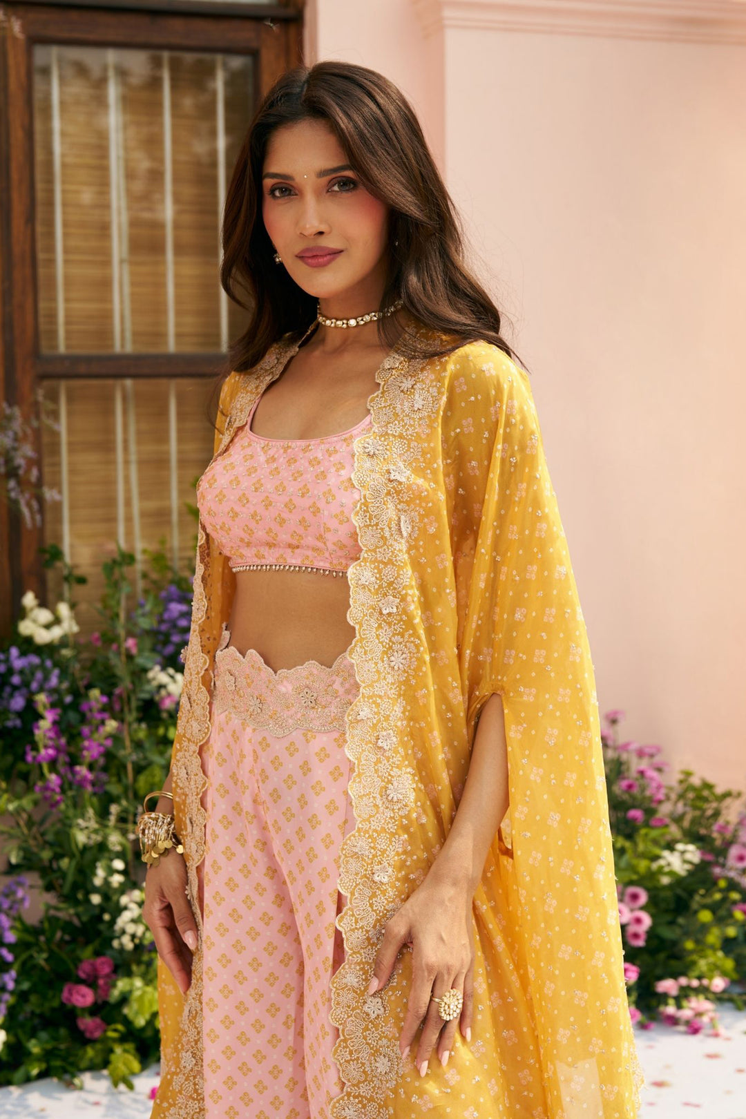 Glass Organza Mali Cape & Cupro Satin Mali Pink Pant Set