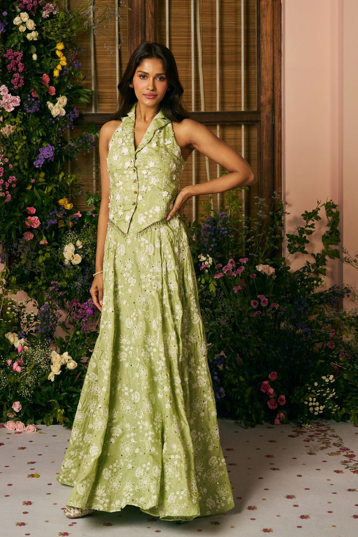 Mulmul Silk Chavi Light Green Jacket Skirt Set