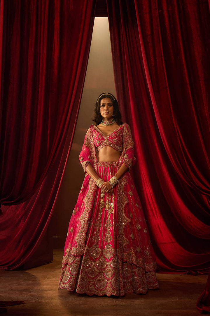 Rani Pink Raw Silk Hand & Machine Embroidered Lehenga Set