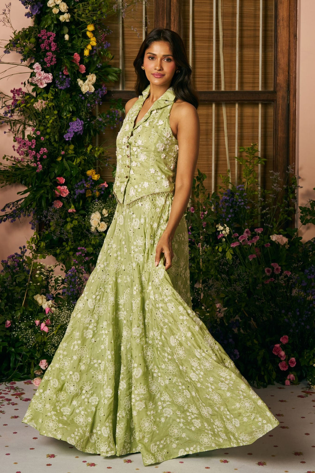 Mulmul Silk Chavi Light Green Jacket Skirt Set