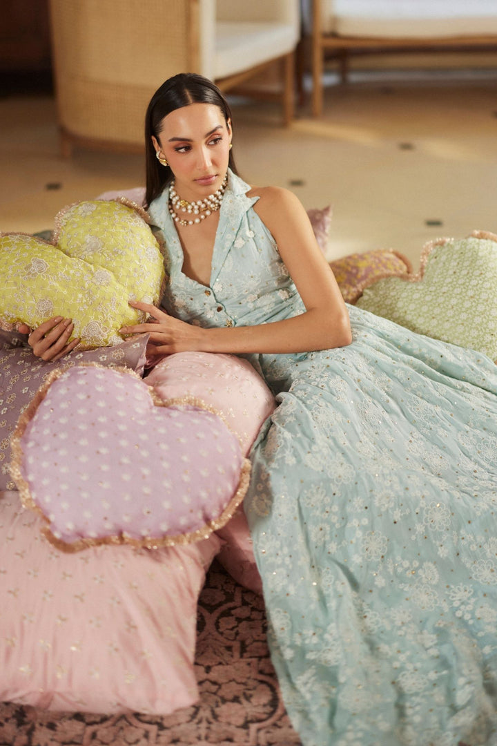Mulmul Silk Chavi Light Blue Jacket Skirt Set