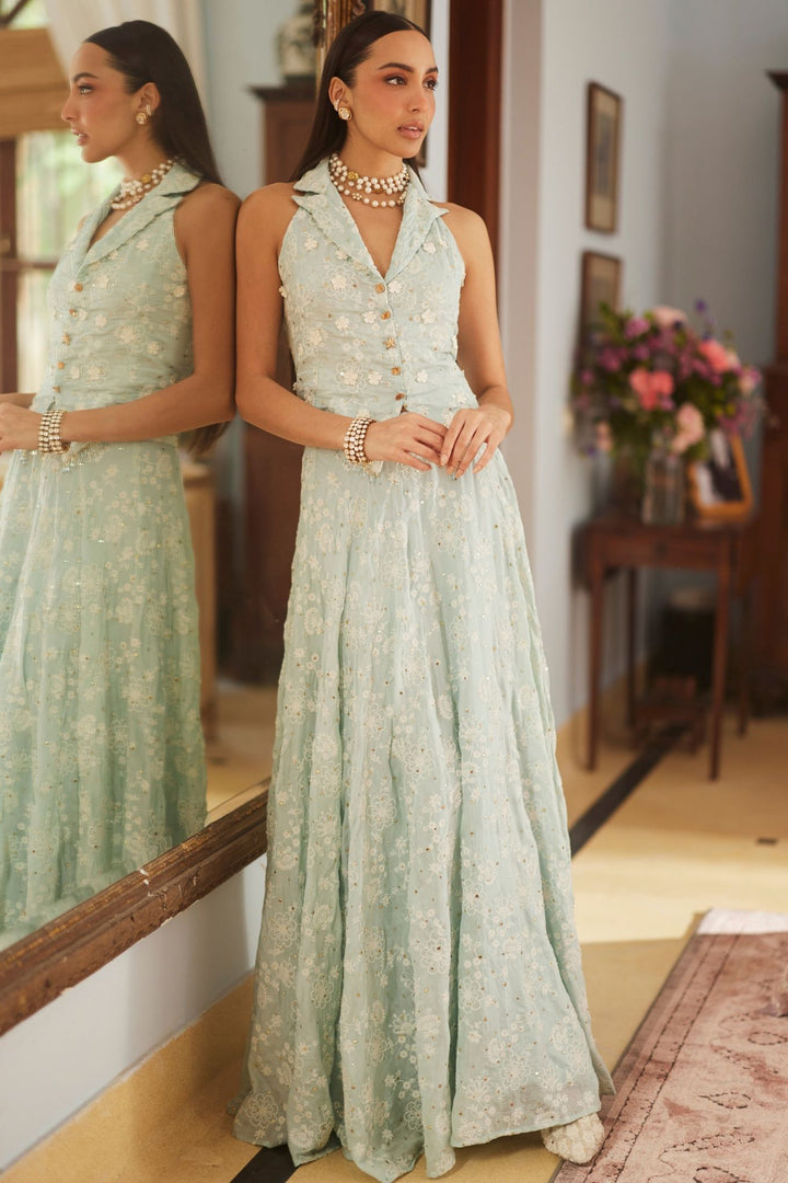 Mulmul Silk Chavi Light Blue Jacket Skirt Set