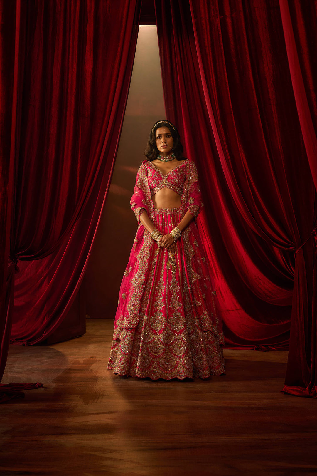 Rani Pink Raw Silk Hand & Machine Embroidered Lehenga Set