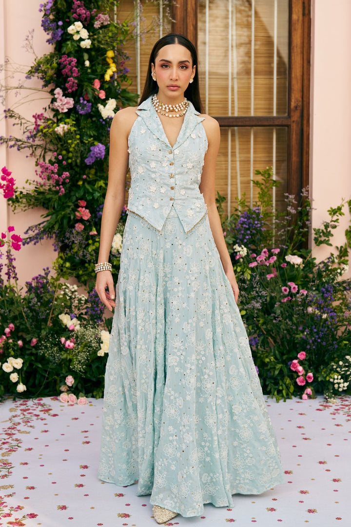 Mulmul Silk Chavi Light Blue Jacket Skirt Set