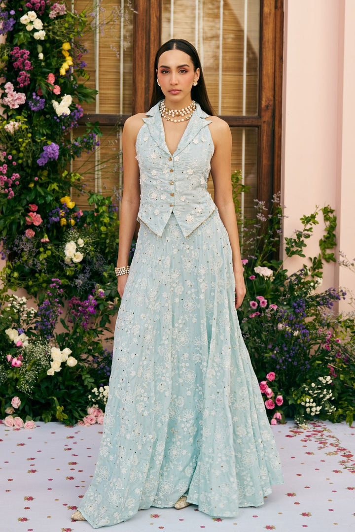 Mulmul Silk Chavi Light Blue Jacket Skirt Set