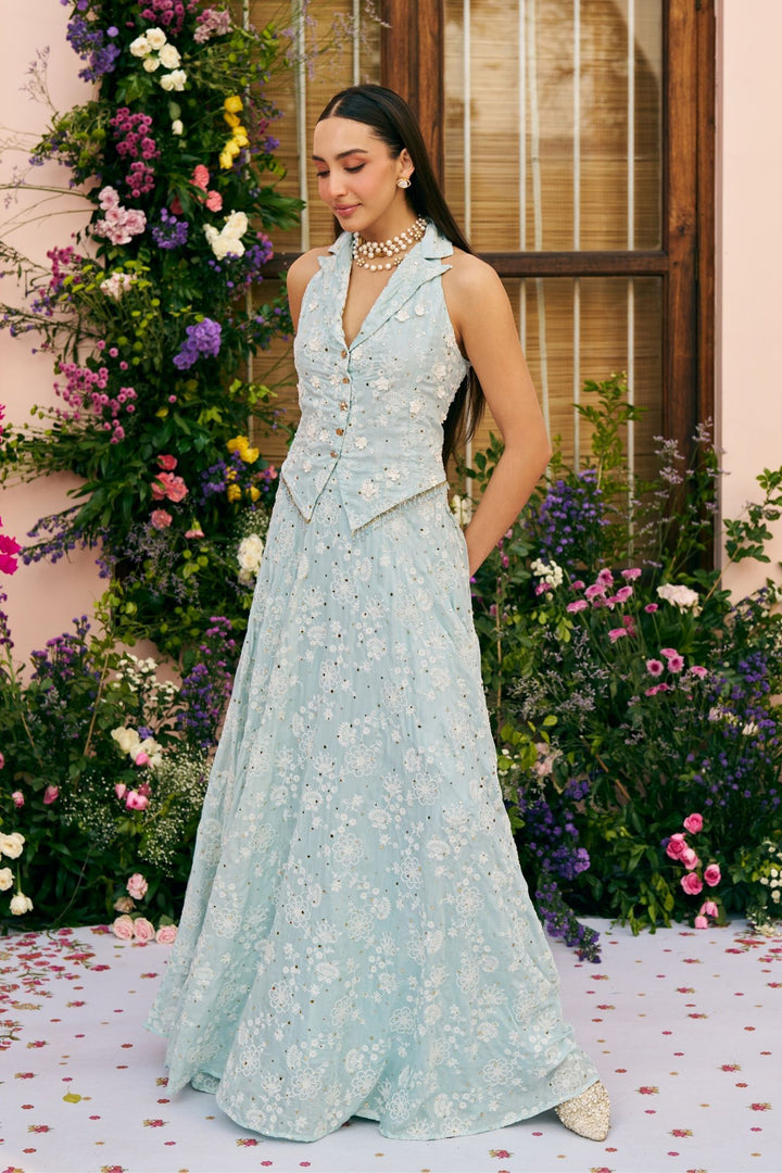Mulmul Silk Chavi Light Blue Jacket Skirt Set
