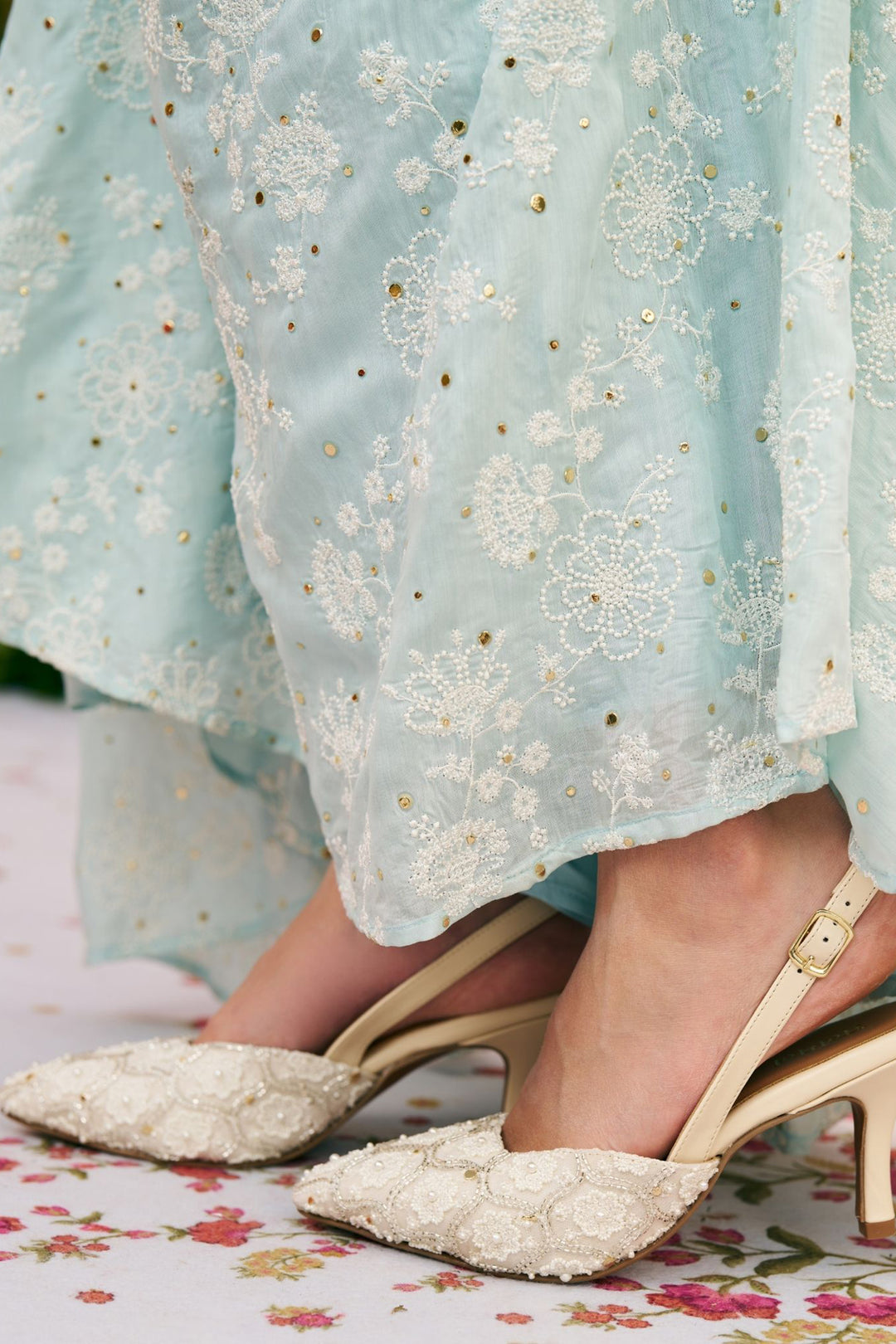 Mulmul Silk Chavi Light Blue Jacket Skirt Set