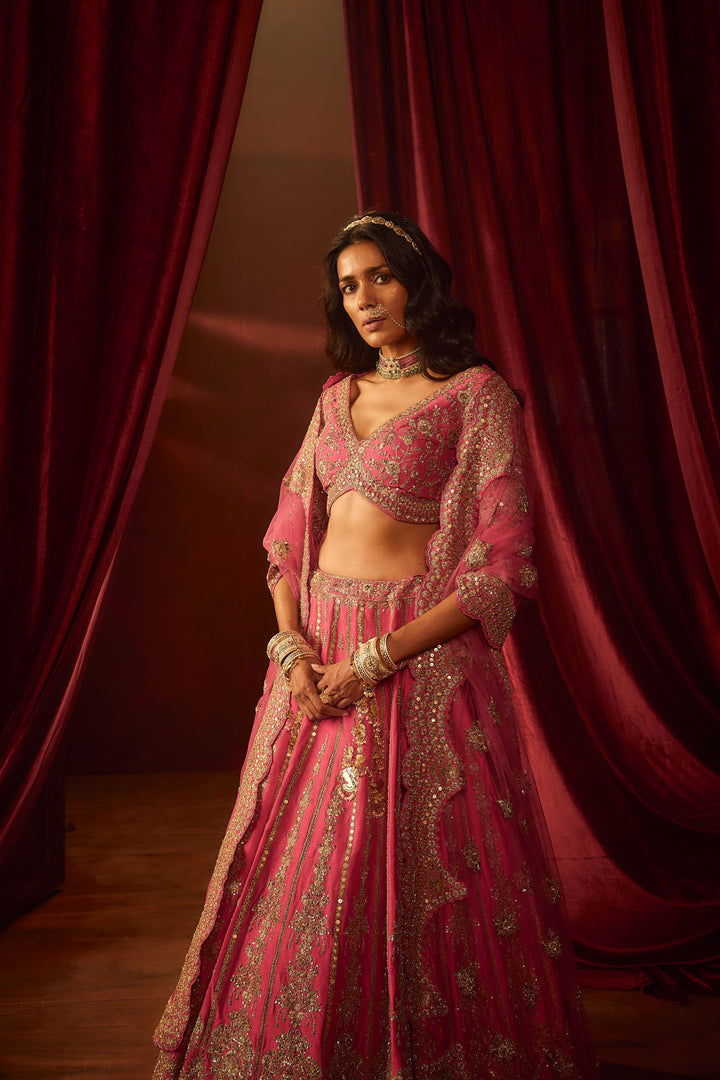 Rani Pink Raw Silk Hand & Machine Embroidered Lehenga Set