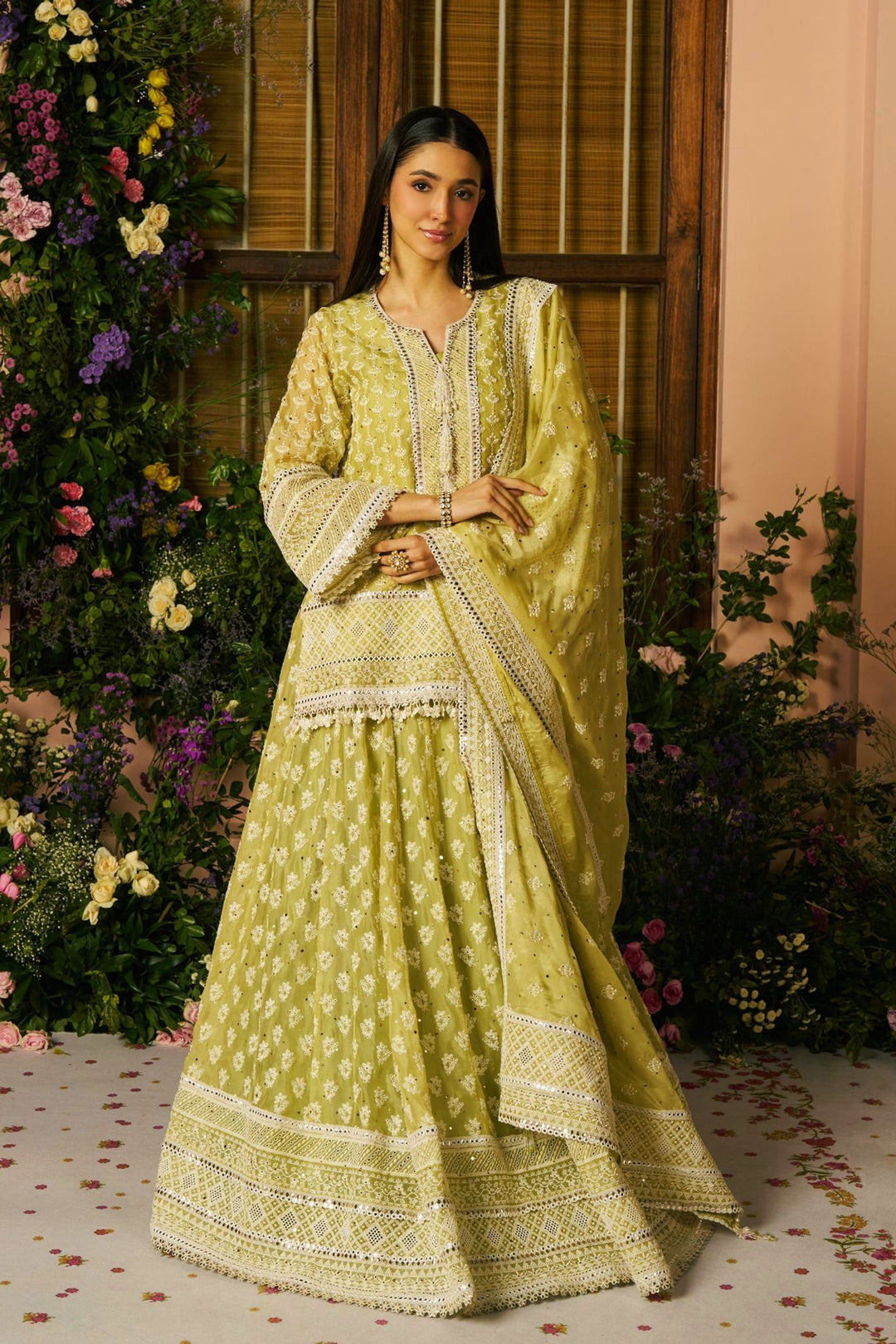Organza Kilol Lime Lehenga Kurta Set With Organza Kilol Dupatta