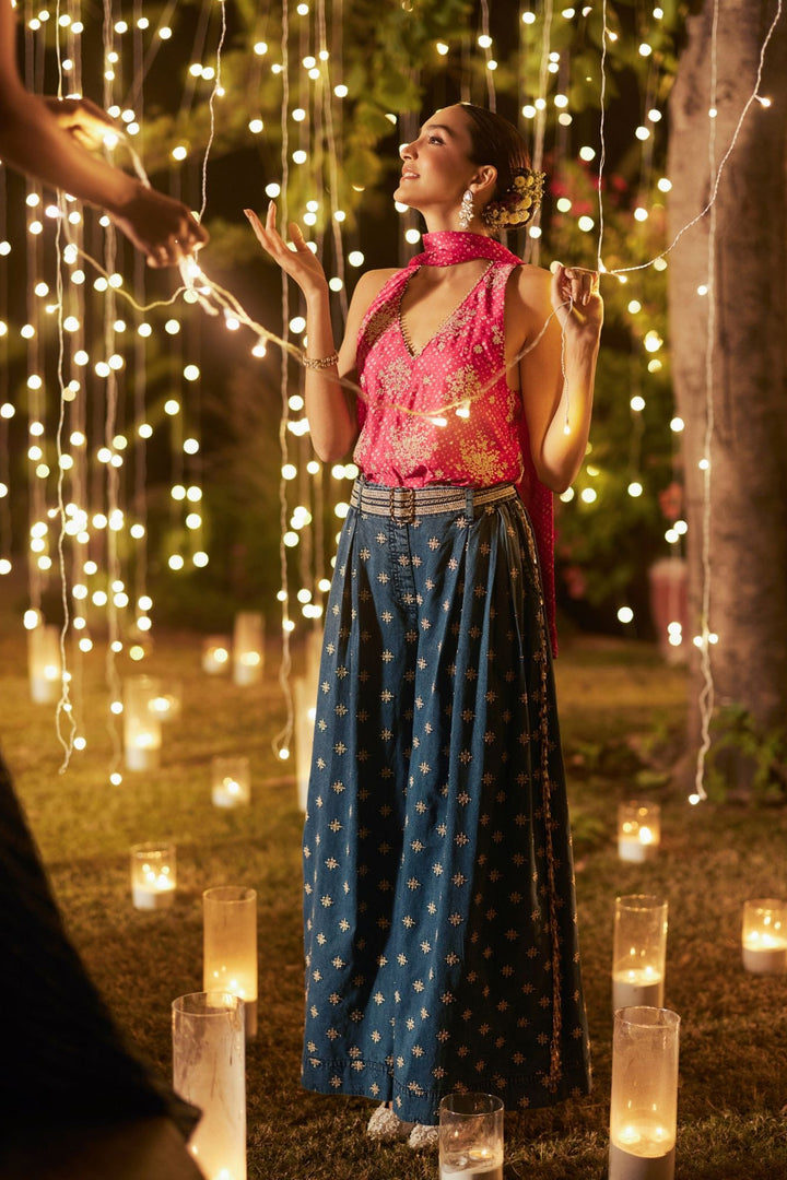 Cupro Satin Printed Sajhvi Fuschia Top With Denim Pant