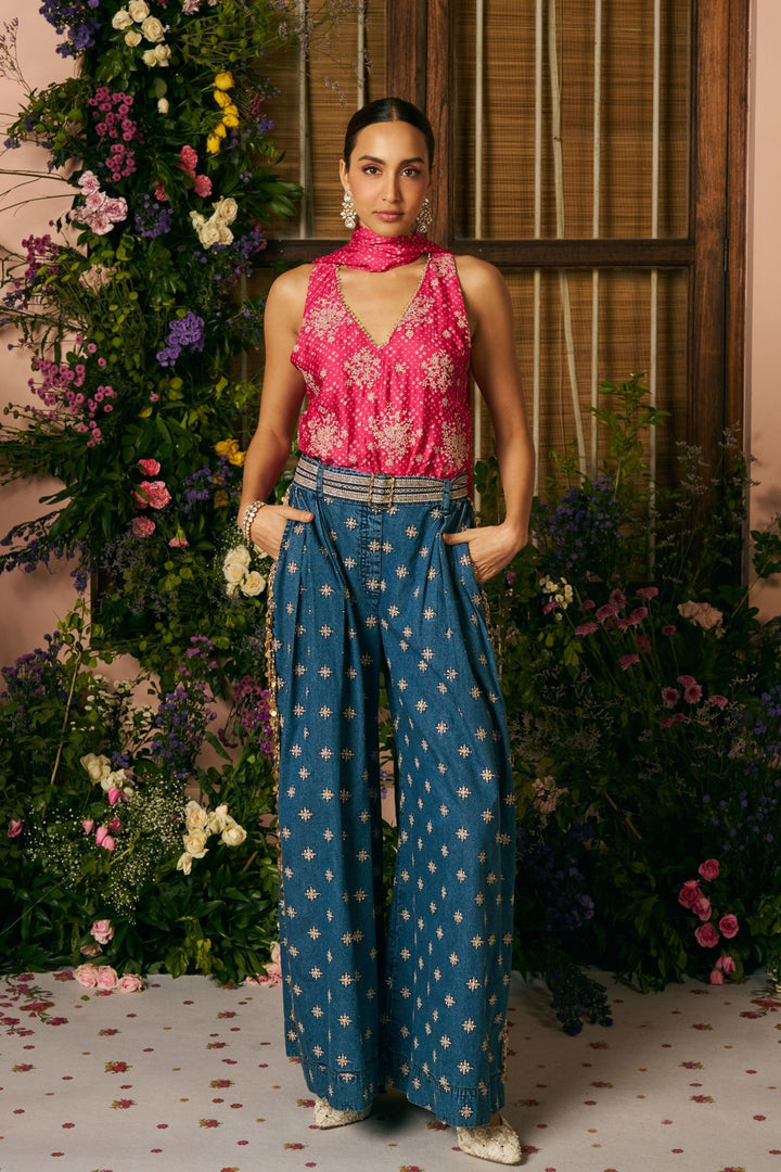 Cupro Satin Printed Sajhvi Fuschia Top With Denim Pant