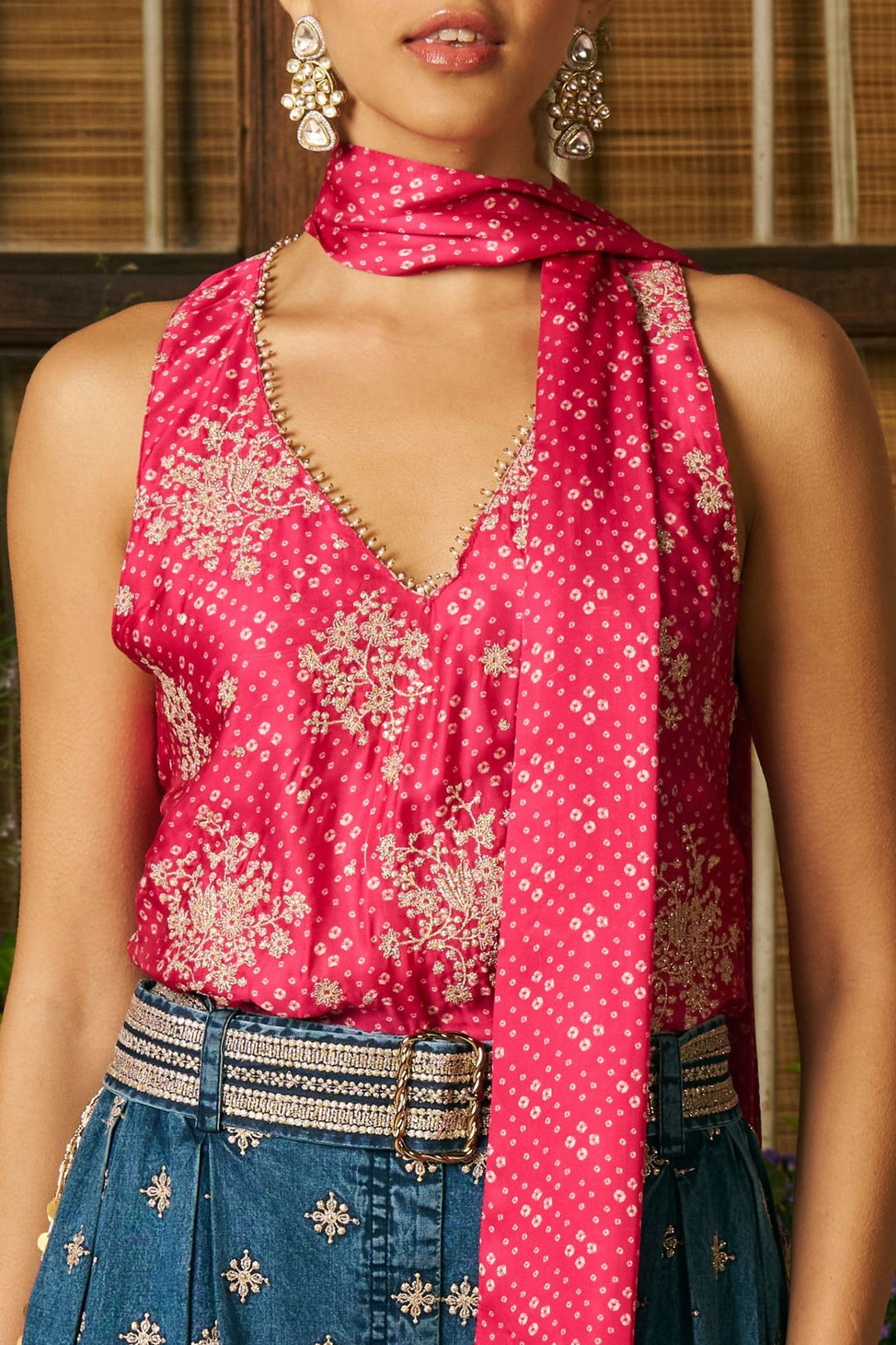 Cupro Satin Printed Sajhvi Fuschia Top With Denim Pant