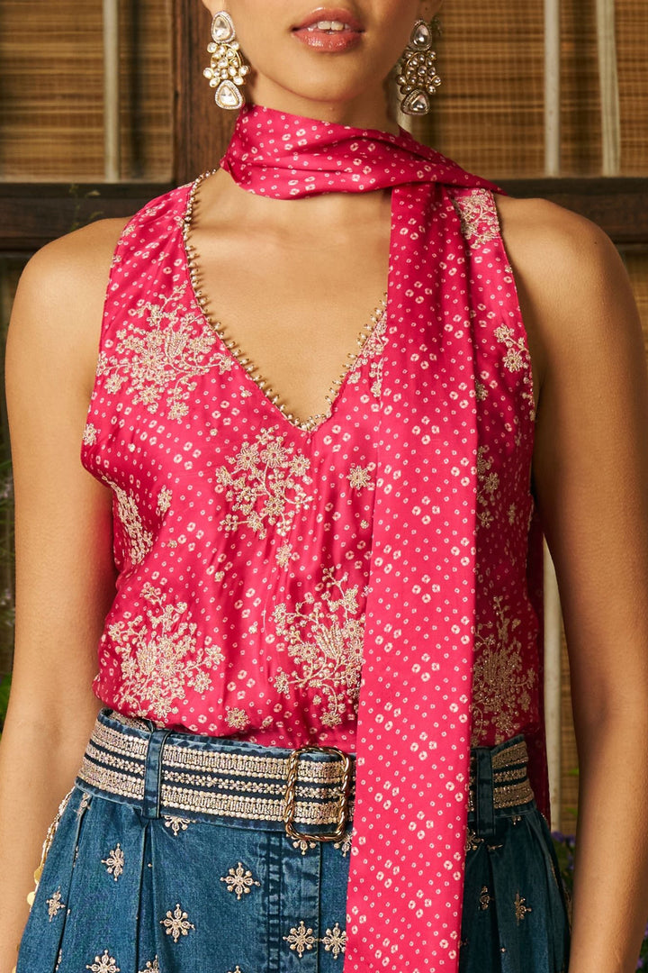 Cupro Satin Printed Sajhvi Fuschia Top With Denim Pant