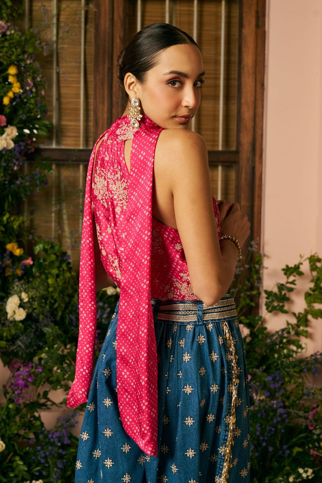 Cupro Satin Printed Sajhvi Fuschia Top With Denim Pant