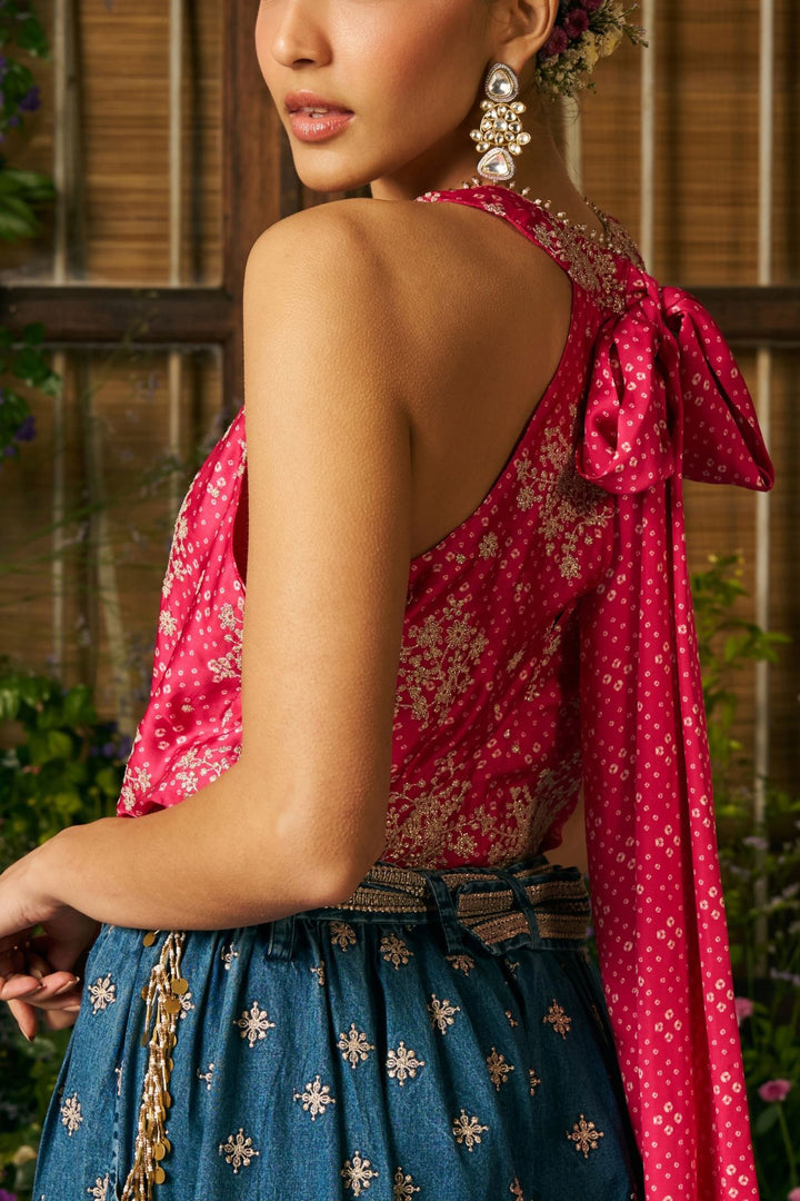 Cupro Satin Printed Sajhvi Fuschia Top With Denim Pant