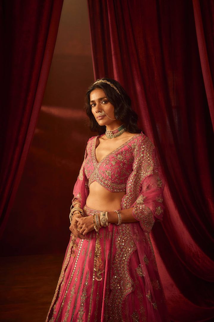 Rani Pink Raw Silk Hand & Machine Embroidered Lehenga Set