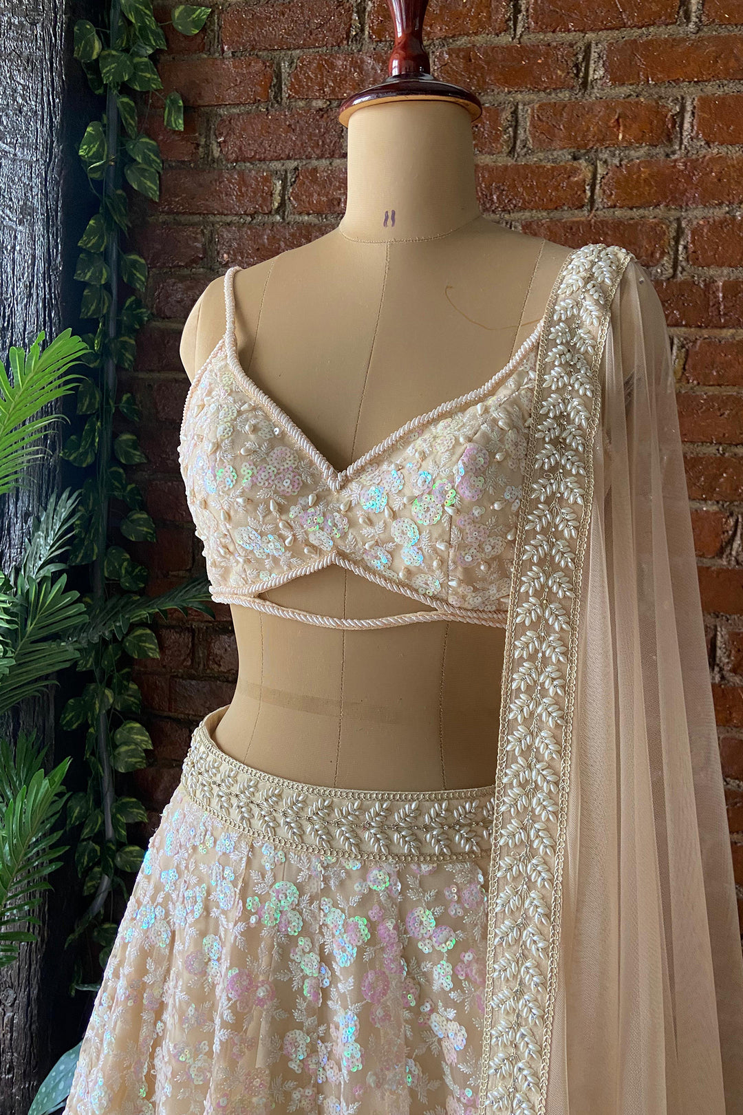 Beige Sequin Work Lehenga Set