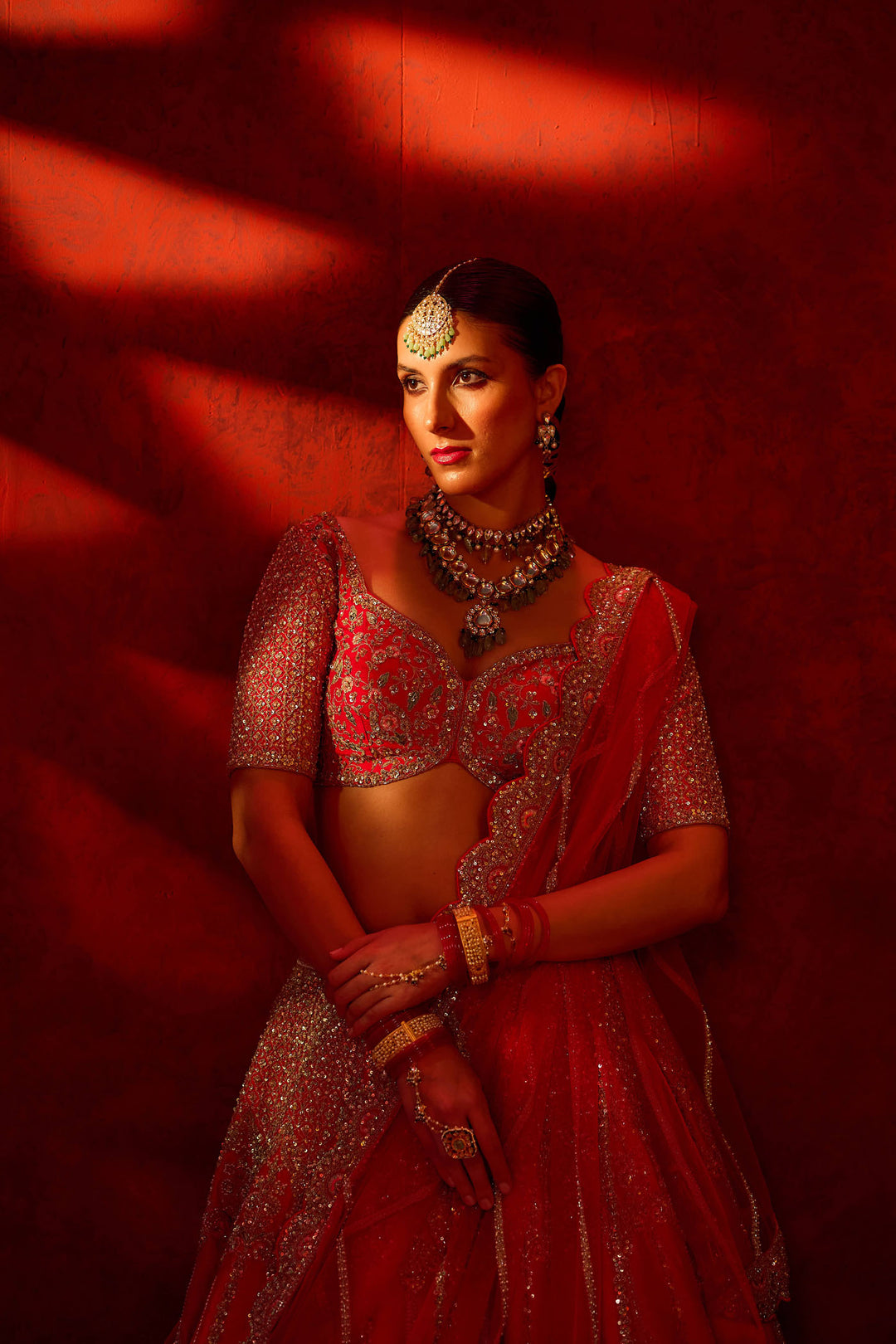 Cerry Red Raw Silk Hand & Machine Embroidered Lehenga Set