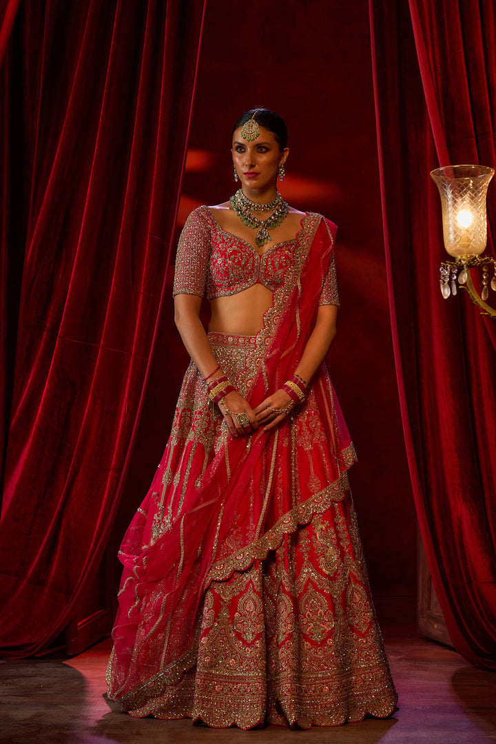 Cerry Red Raw Silk Hand & Machine Embroidered Lehenga Set