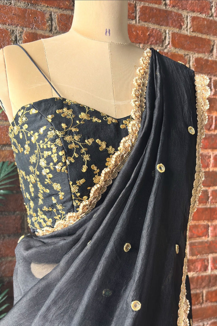 Black Organza Saree With Mirror Work Corset Belt