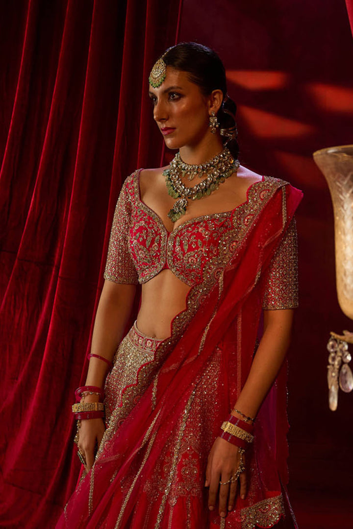 Cerry Red Raw Silk Hand & Machine Embroidered Lehenga Set