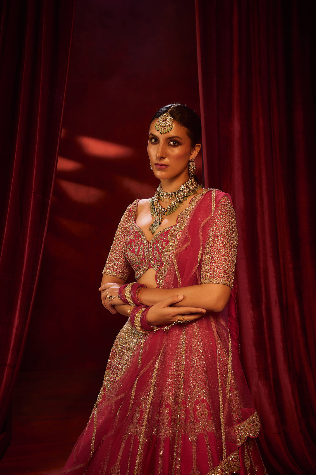 Cerry Red Raw Silk Hand & Machine Embroidered Lehenga Set